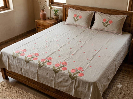 Premium Designer Embroidered Satin Cotton Bedsheet Set