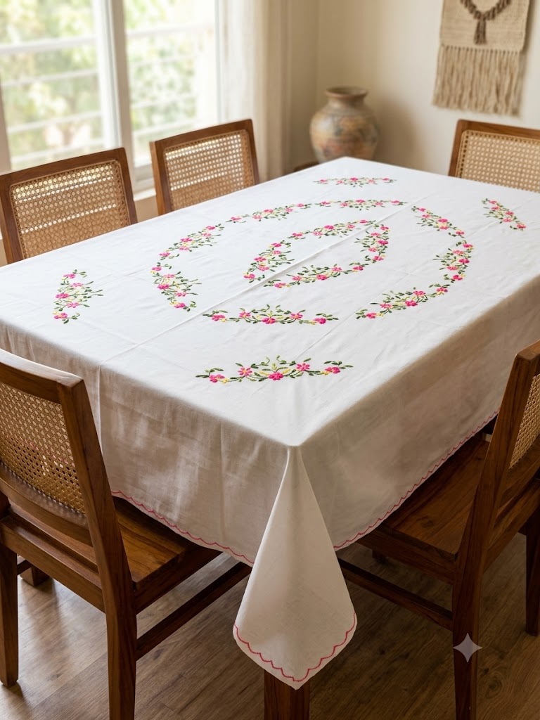 Hand Embroidered Floral Six Seater Table Cover