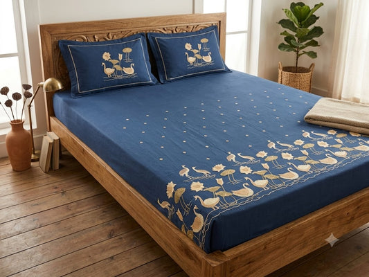 Premium Designer Embroidered Satin Cotton Bedsheet Set
