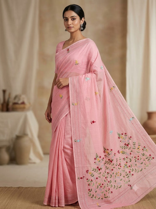 Premium Handcrafted Bullion Stitch Work Chanderi Saree with Blouse Piece