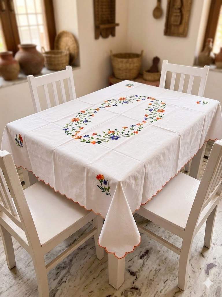 Hand Embroidered Four Seater Floral Table Cover