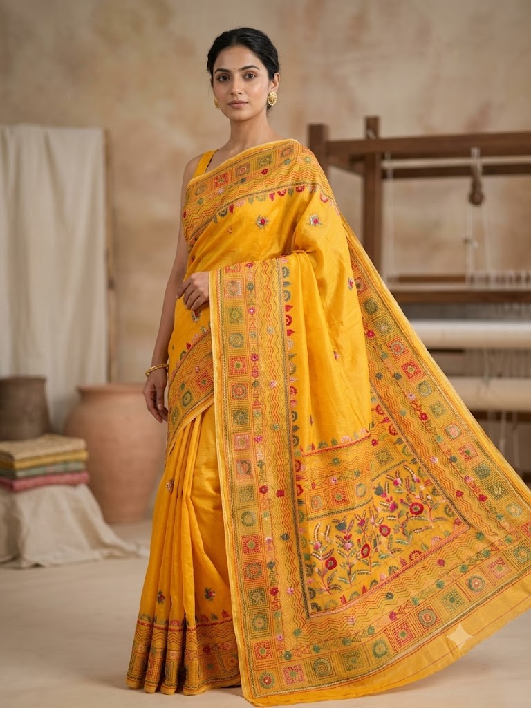 Premium Handcrafted Bullion Stitch Work Chanderi Saree with Blouse Piece