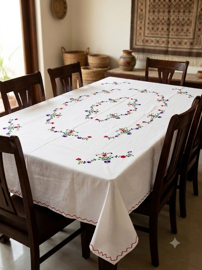 Hand Embroidered Floral Six Seater Table Cover