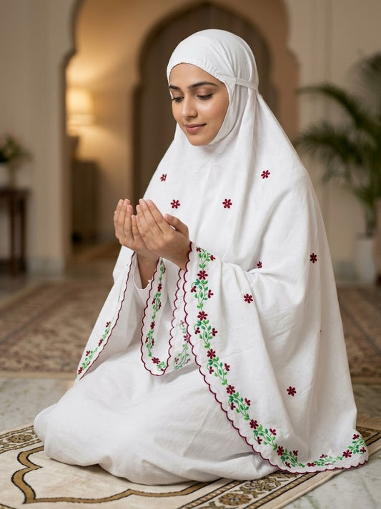 Chikonwala Hand Embroidered Cotton Islamic Namaz Hijab with Floral Embroidery