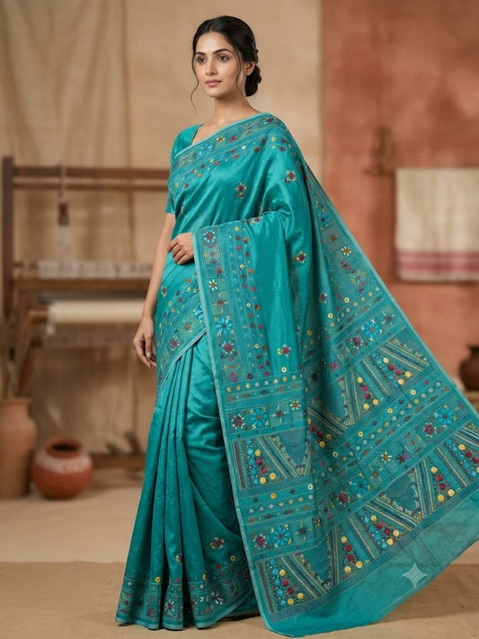 Premium Handcrafted Bullion Stitch Work Chanderi Saree with Blouse Piece