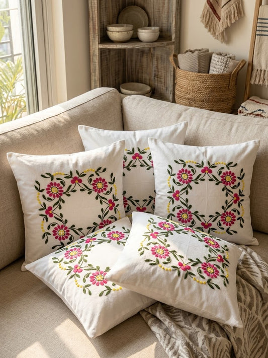 Hand Embroidered Cotton Cushion Covers (Set of 5)