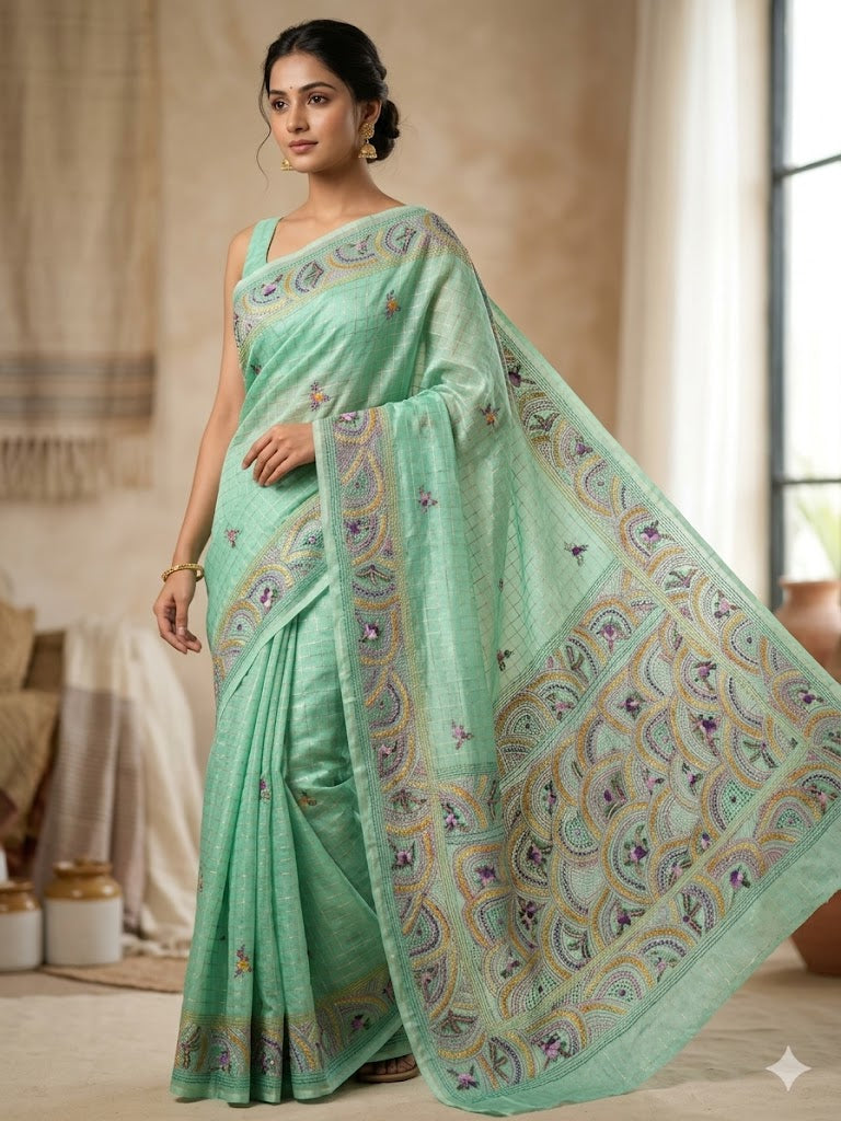 Premium Handcrafted Bullion Stitch Work Chanderi Saree with Blouse Piece