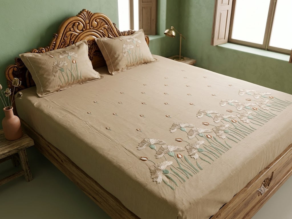 Premium Designer Embroidered Satin Cotton Bedsheet Set