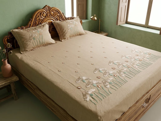 Premium Designer Embroidered Satin Cotton Bedsheet Set