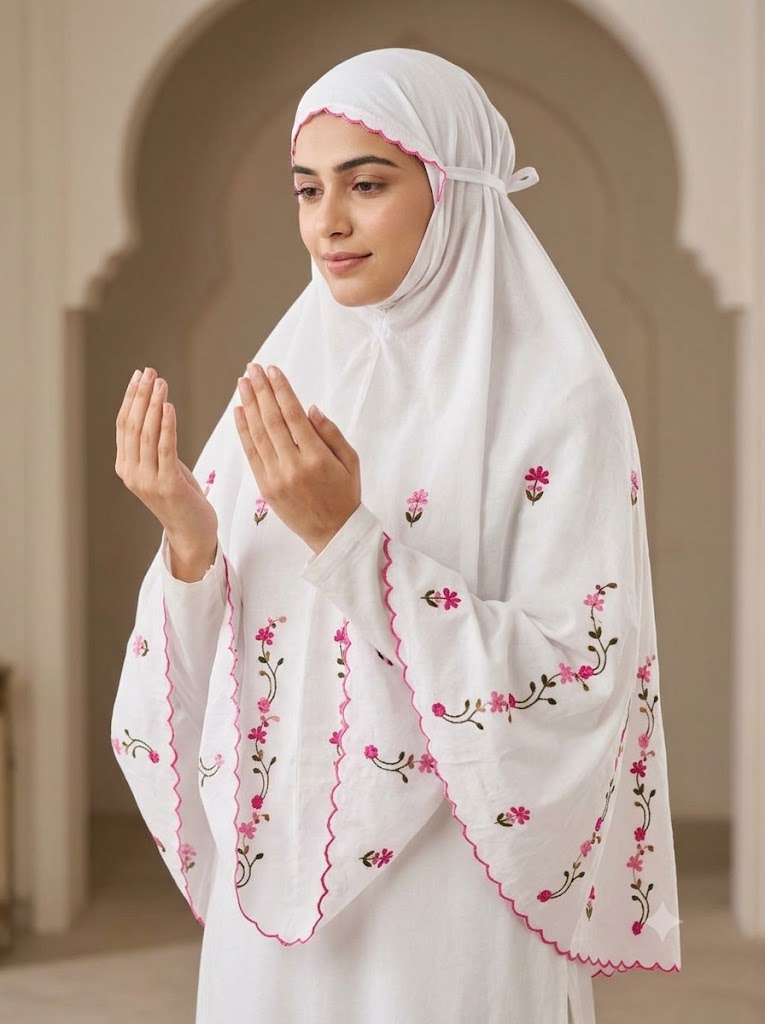 Chikonwala Hand Embroidered Cotton Islamic Namaz Hijab with Floral Embroidery