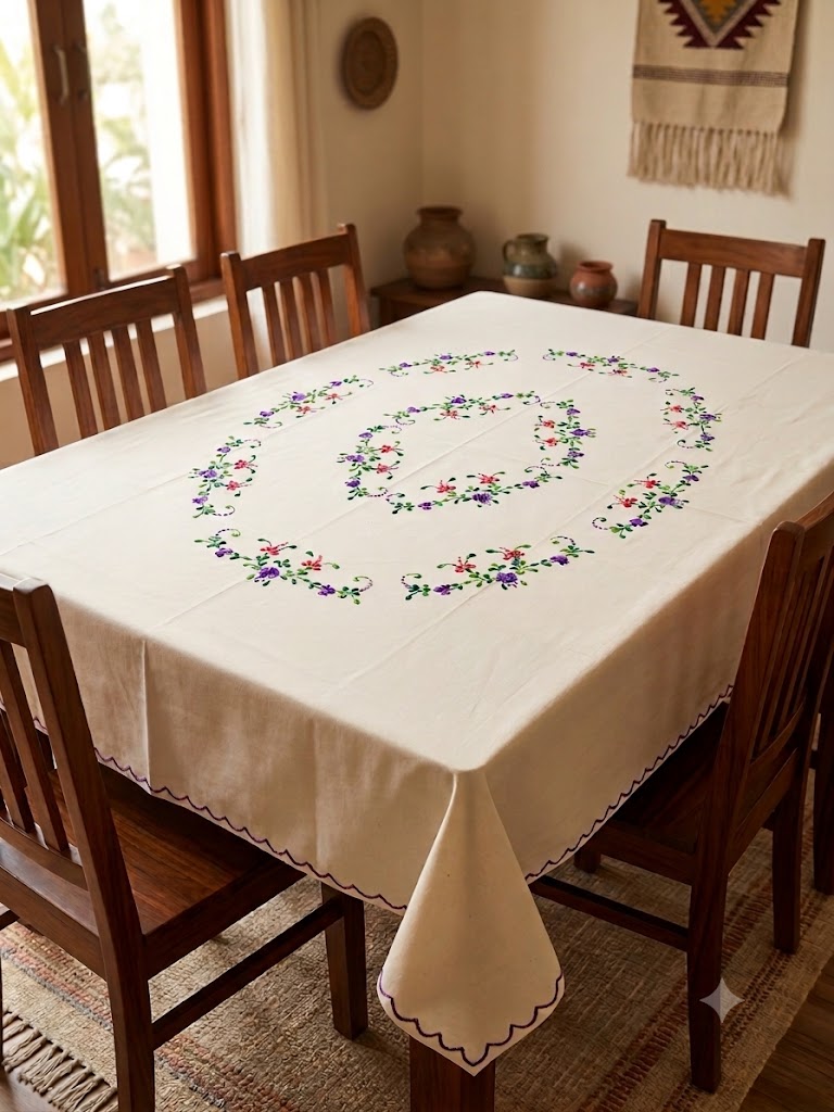 Hand Embroidered Floral Six Seater Table Cover