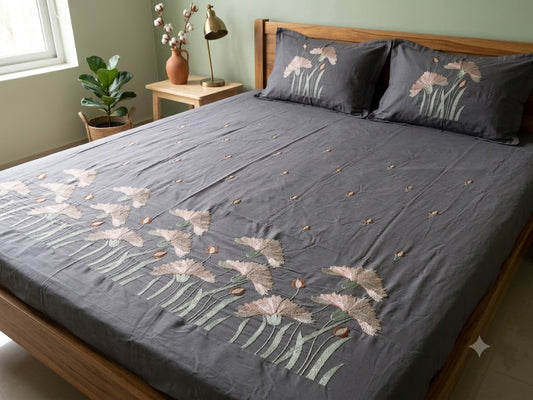 Premium Designer Embroidered Satin Cotton Bedsheet Set