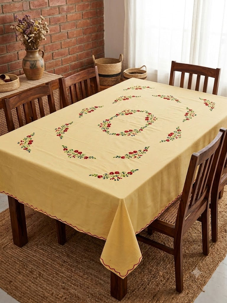 Hand Embroidered Floral Six Seater Table Cover