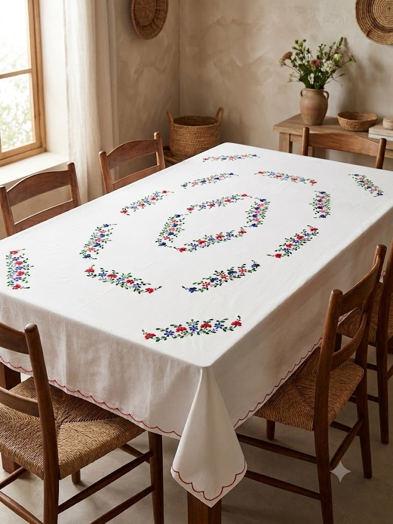 Hand Embroidered Floral Six Seater Table Cover