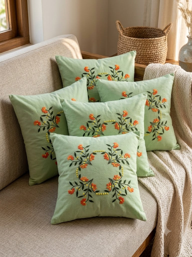 Hand Embroidered Cotton Cushion Covers (Set of 5)