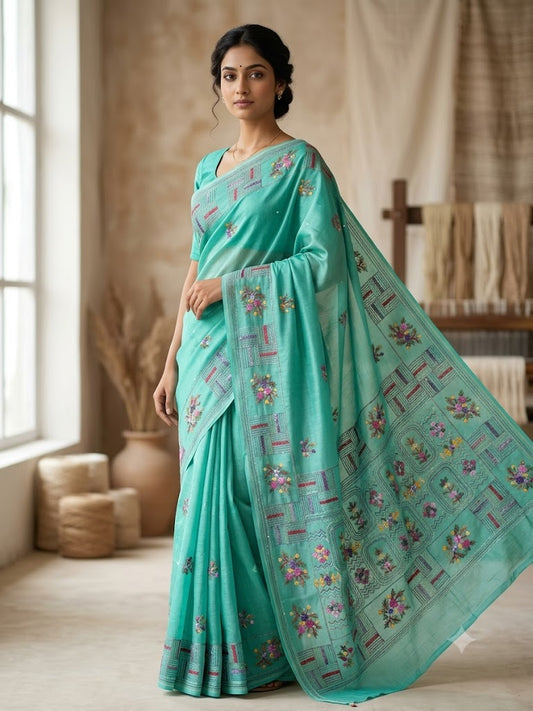 Premium Handcrafted Bullion Stitch Work Chanderi Saree with Blouse Piece