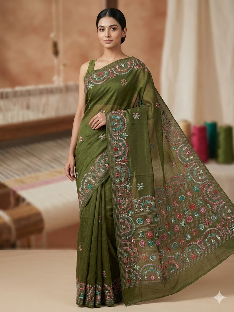 Premium Handcrafted Bullion Stitch Work Chanderi Saree with Blouse Piece