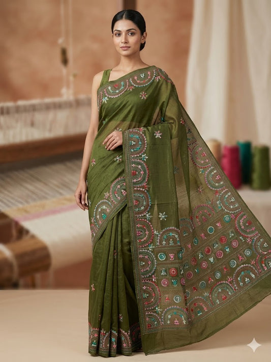 Premium Handcrafted Bullion Stitch Work Chanderi Saree with Blouse Piece
