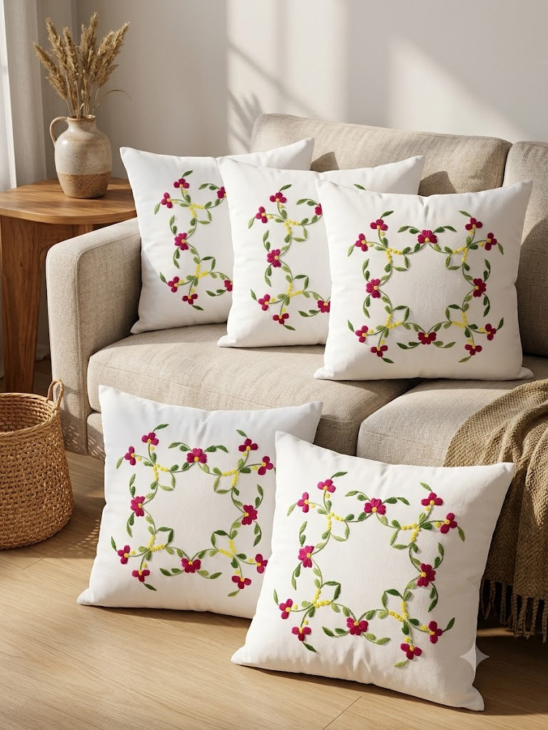Hand Embroidered Cotton Cushion Covers (Set of 5)