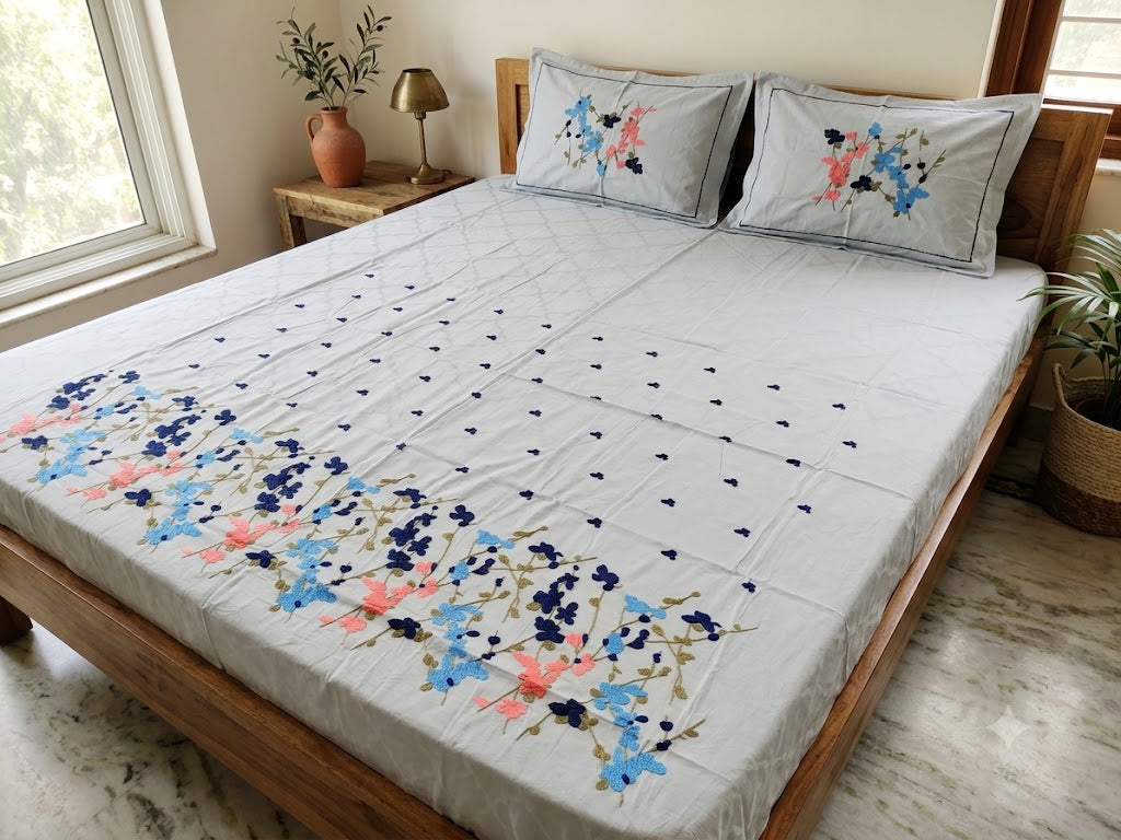Premium Designer Embroidered Satin Cotton Bedsheet Set