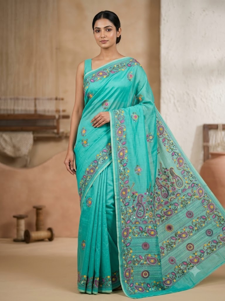 Premium Handcrafted Bullion Stitch Work Chanderi Saree with Blouse Piece
