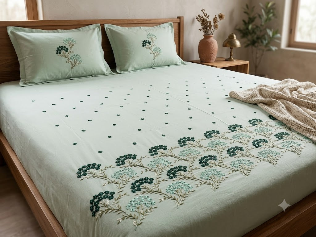 Premium Designer Embroidered Satin Cotton Bedsheet Set