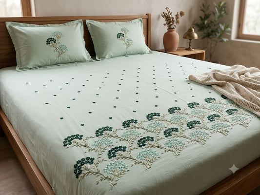 Premium Designer Embroidered Satin Cotton Bedsheet Set