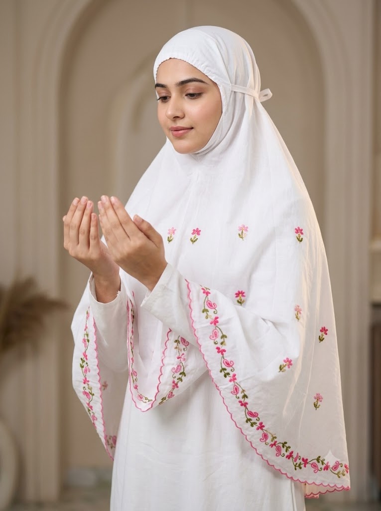 Chikonwala Hand Embroidered Cotton Islamic Namaz Hijab with Floral Embroidery