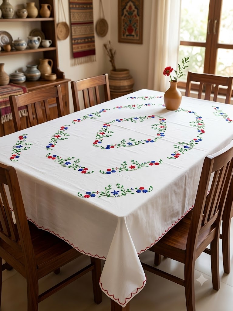 Hand Embroidered Floral Six Seater Table Cover
