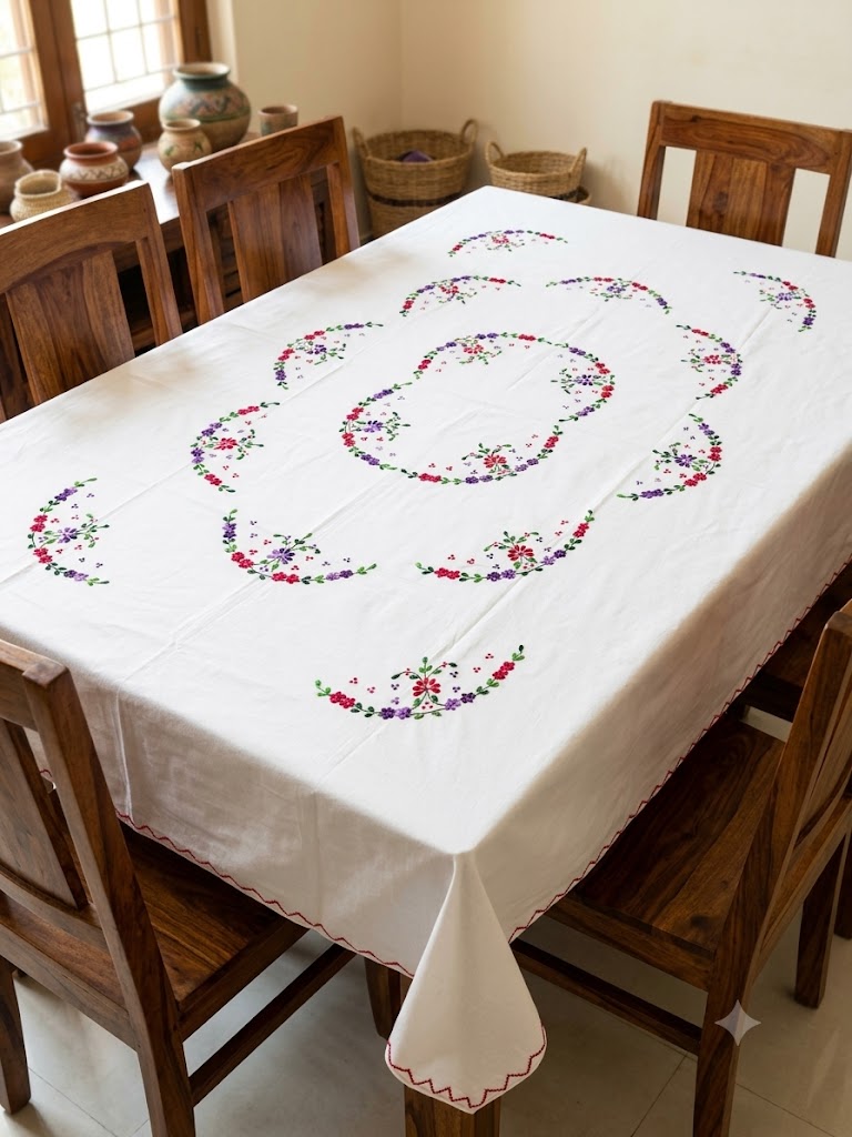 Hand Embroidered Floral Six Seater Table Cover