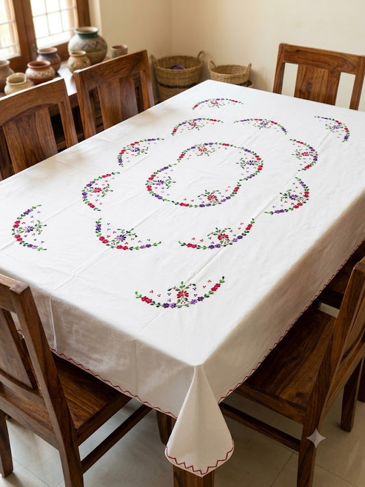 Hand Embroidered Floral Six Seater Table Cover