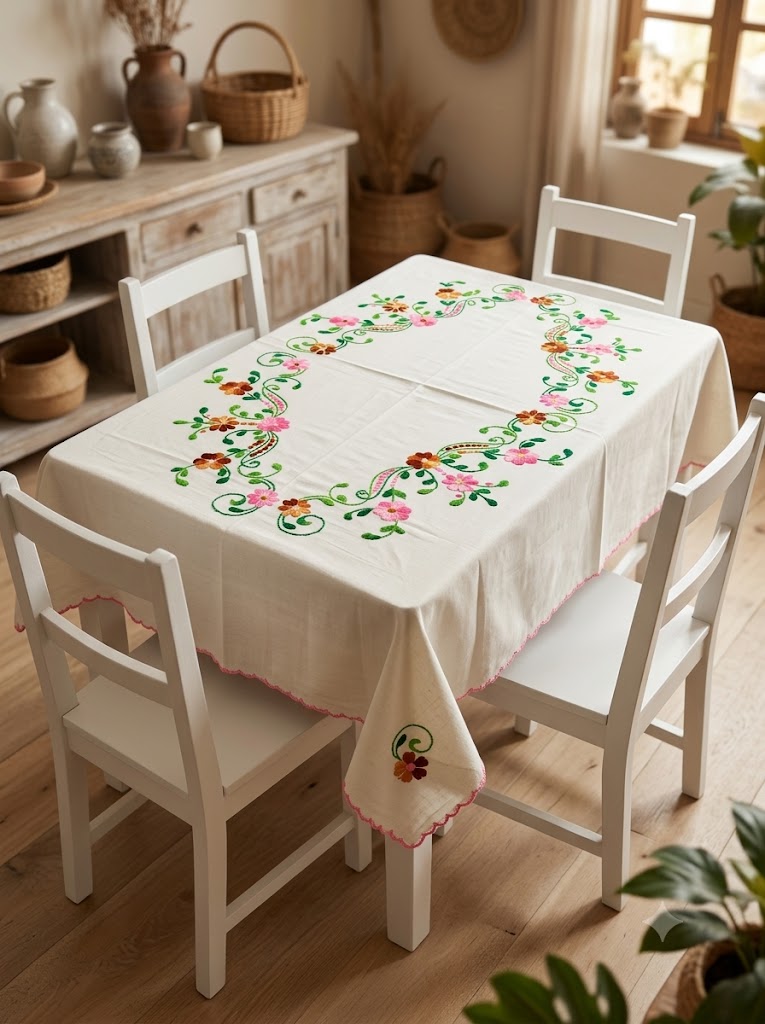 Hand Embroidered Four Seater Floral Table Cover