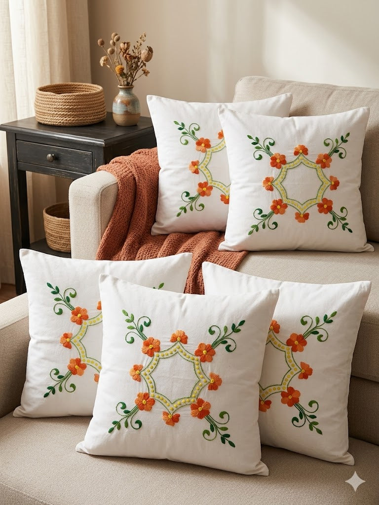 Hand Embroidered Cotton Cushion Covers (Set of 5)