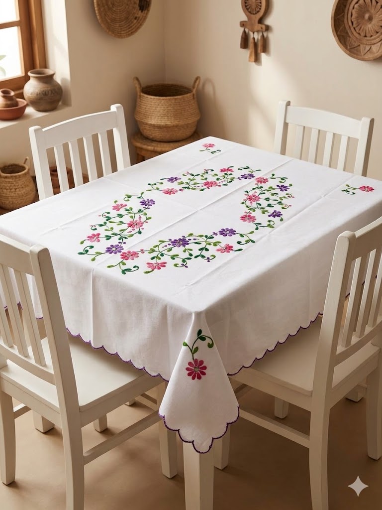 Hand Embroidered Four Seater Floral Table Cover