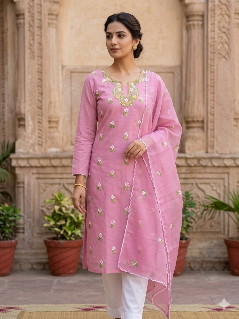Chikonwala's Exclusive Hand Embroidered Organdy Cotton Dress Material