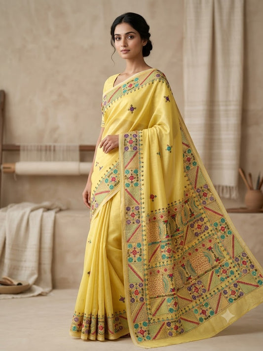Premium Handcrafted Bullion Stitch Work Chanderi Saree with Blouse Piece