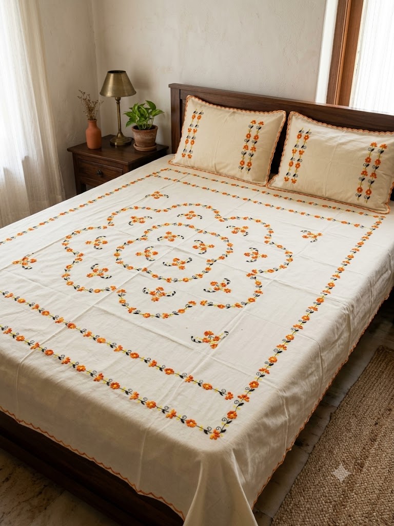 Title Chikonwala's Hand Embroidered Floral Design Bedsheet