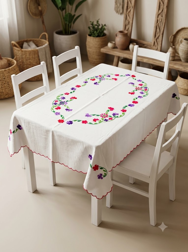 Hand Embroidered Four Seater Floral Table Cover
