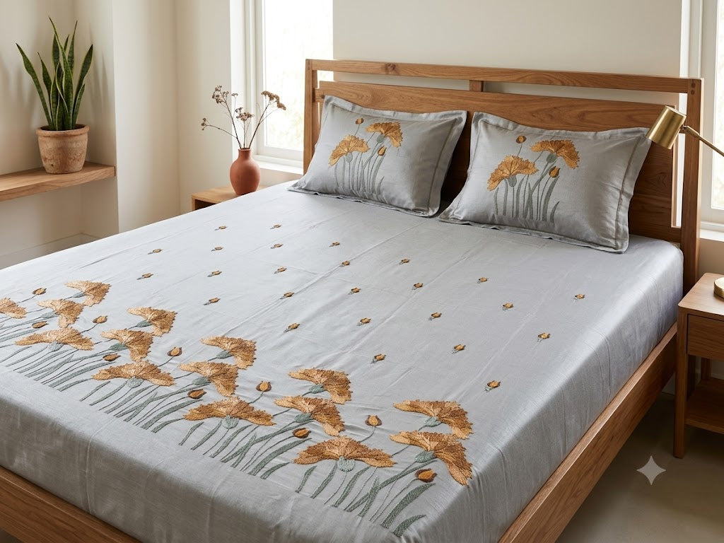 Premium Designer Embroidered Satin Cotton Bedsheet Set