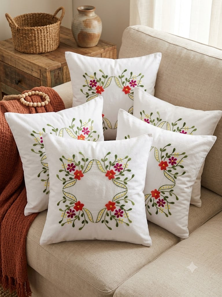 Hand Embroidered Cotton Cushion Covers (Set of 5)