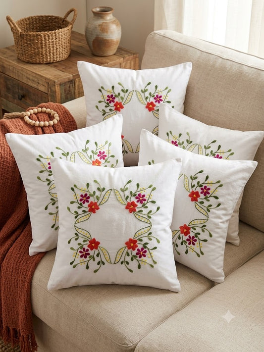 Hand Embroidered Cotton Cushion Covers (Set of 5)