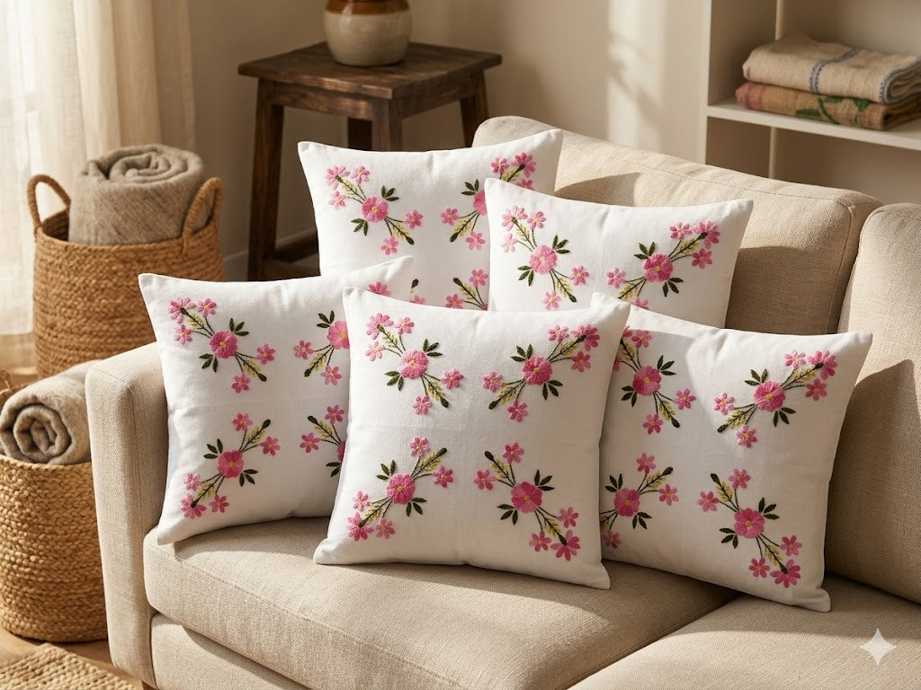 Hand Embroidered Cotton Cushion Covers (Set of 5)