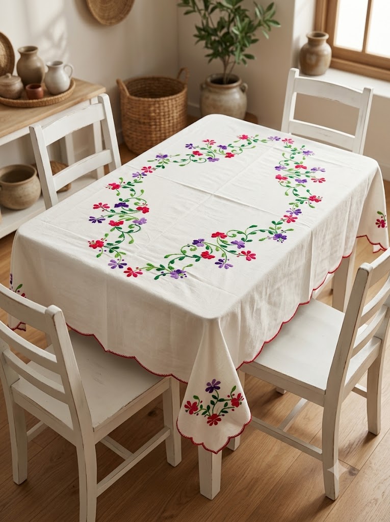 Hand Embroidered Four Seater Floral Table Cover