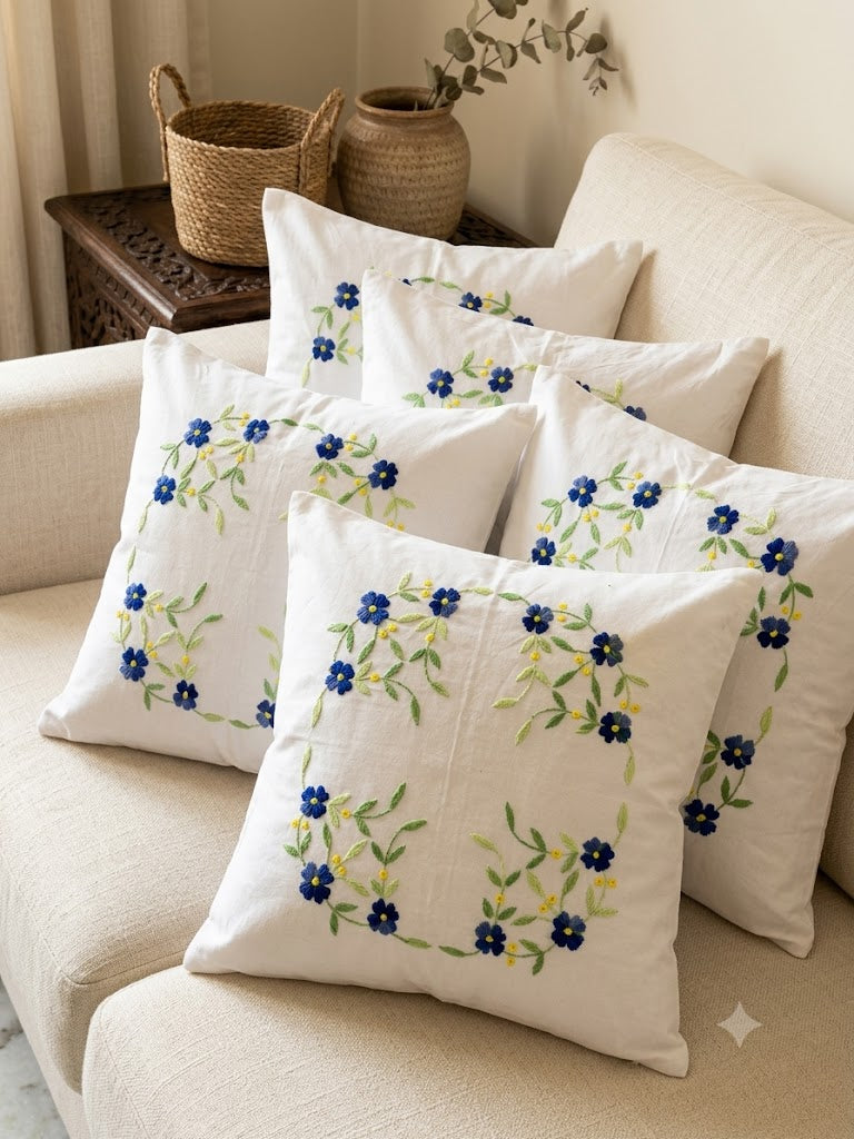 Hand Embroidered Cotton Cushion Covers (Set of 5)