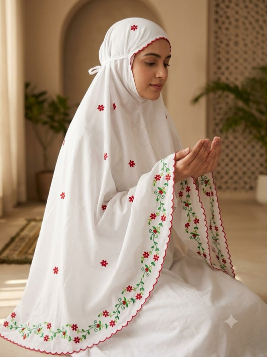 Chikonwala Hand Embroidered Cotton Islamic Namaz Hijab with Floral Embroidery