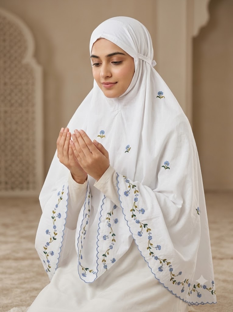 Chikonwala Hand Embroidered Cotton Islamic Namaz Hijab with Floral Embroidery