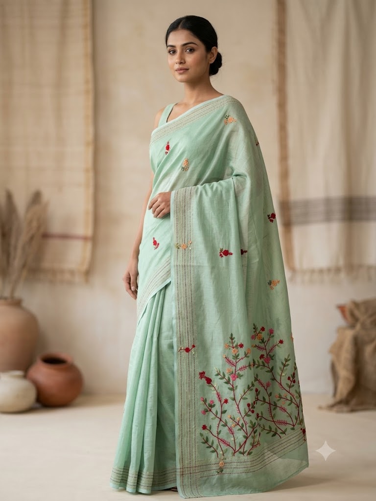Premium Handcrafted Bullion Stitch Work Chanderi Saree with Blouse Piece
