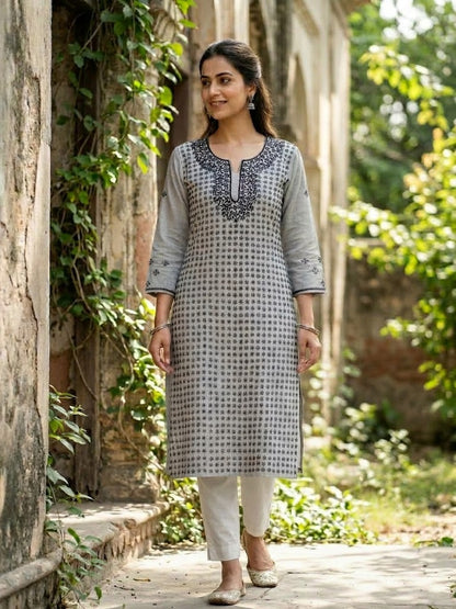 Hand Embroidered Pure Cotton Kurti Material | 3 Meter Premium Fabric | Made in India