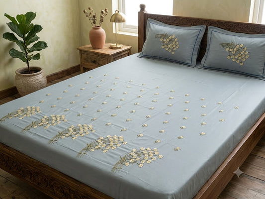 Premium Designer Embroidered Satin Cotton Bedsheet Set