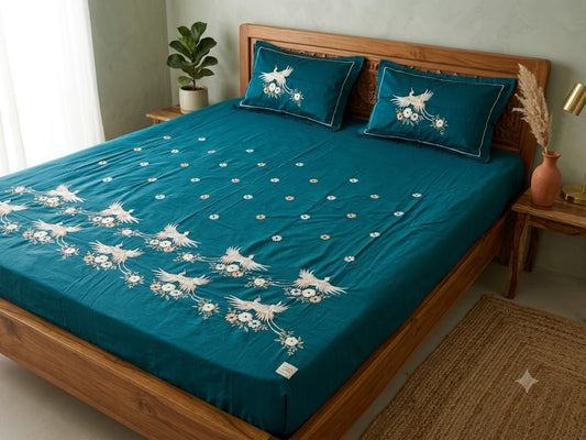Premium Designer Embroidered Satin Cotton Bedsheet Set